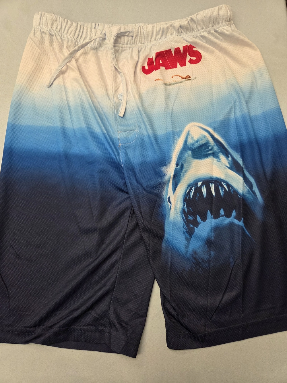 JAWS Swim Trunks Mens XL Shark Graphic Blue White Movie Shorts